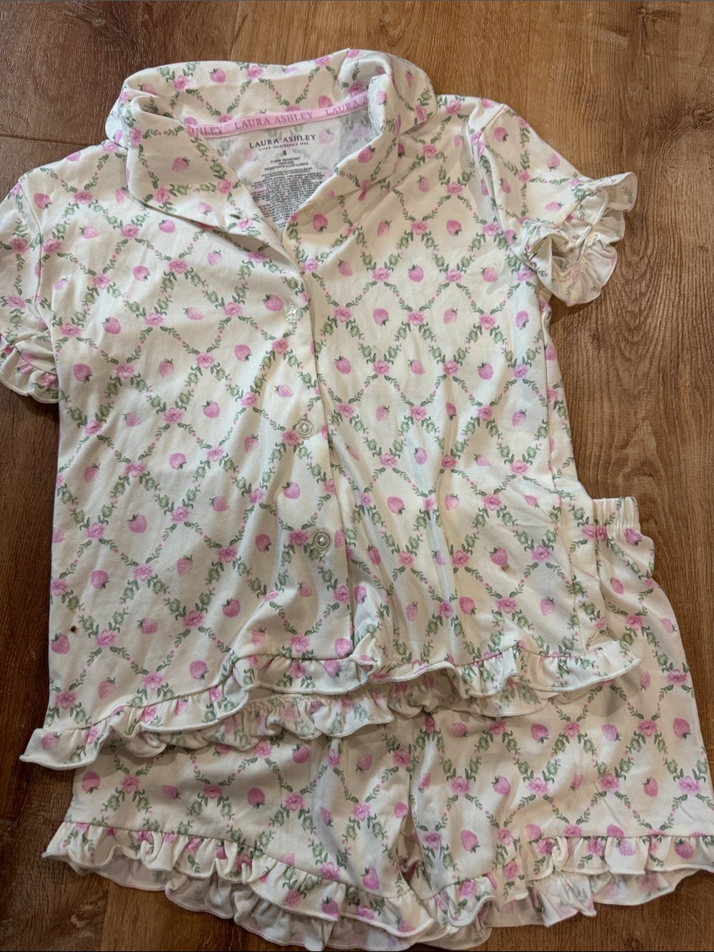 Laura Ashley Cream and Pink Floral Ruffle Pajama Set